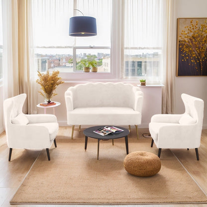 Causeuse en velours touffeté, coussin épais, pieds en métal, deux chaises d'appoint