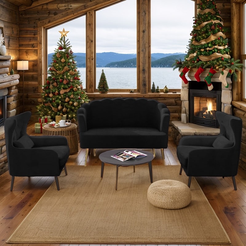 Causeuse en velours touffeté, coussin épais, pieds en métal, deux chaises d'appoint