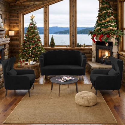 Causeuse en velours touffeté, coussin épais, pieds en métal, deux chaises d'appoint