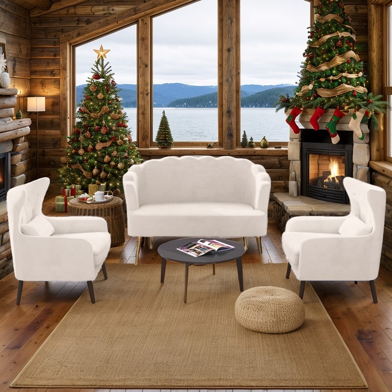 Causeuse en velours touffeté, coussin épais, pieds en métal, deux chaises d'appoint