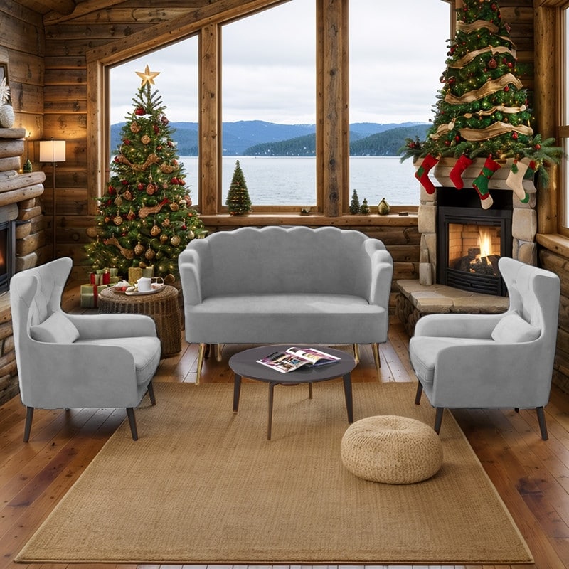 Causeuse en velours touffeté, coussin épais, pieds en métal, deux chaises d'appoint