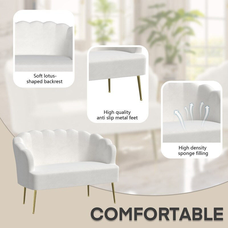 Causeuse en velours touffeté, coussin épais, pieds en métal, deux chaises d'appoint