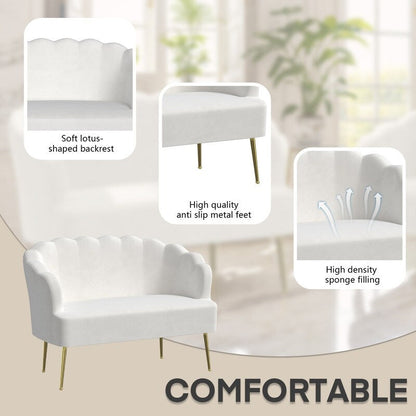 Causeuse en velours touffeté, coussin épais, pieds en métal, deux chaises d'appoint