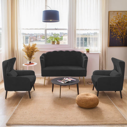 Causeuse en velours touffeté, coussin épais, pieds en métal, deux chaises d'appoint