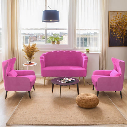 Causeuse en velours touffeté, coussin épais, pieds en métal, deux chaises d'appoint