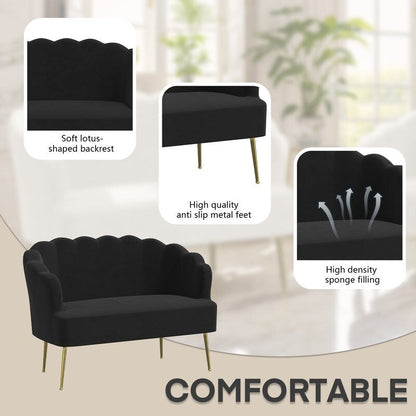 Causeuse en velours touffeté, coussin épais, pieds en métal, deux chaises d'appoint