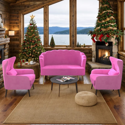 Causeuse en velours touffeté, coussin épais, pieds en métal, deux chaises d'appoint