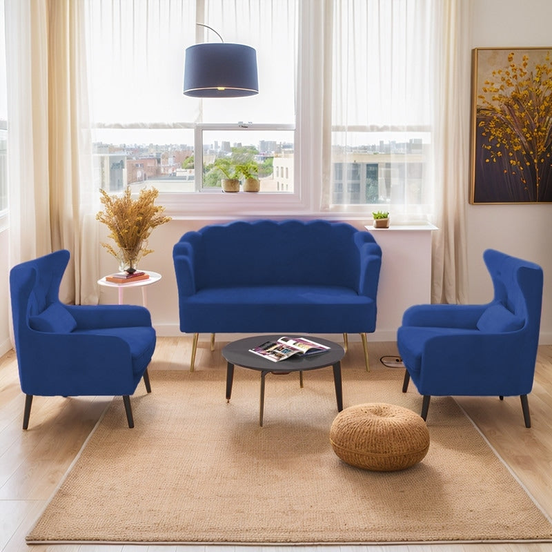 Causeuse en velours touffeté, coussin épais, pieds en métal, deux chaises d'appoint