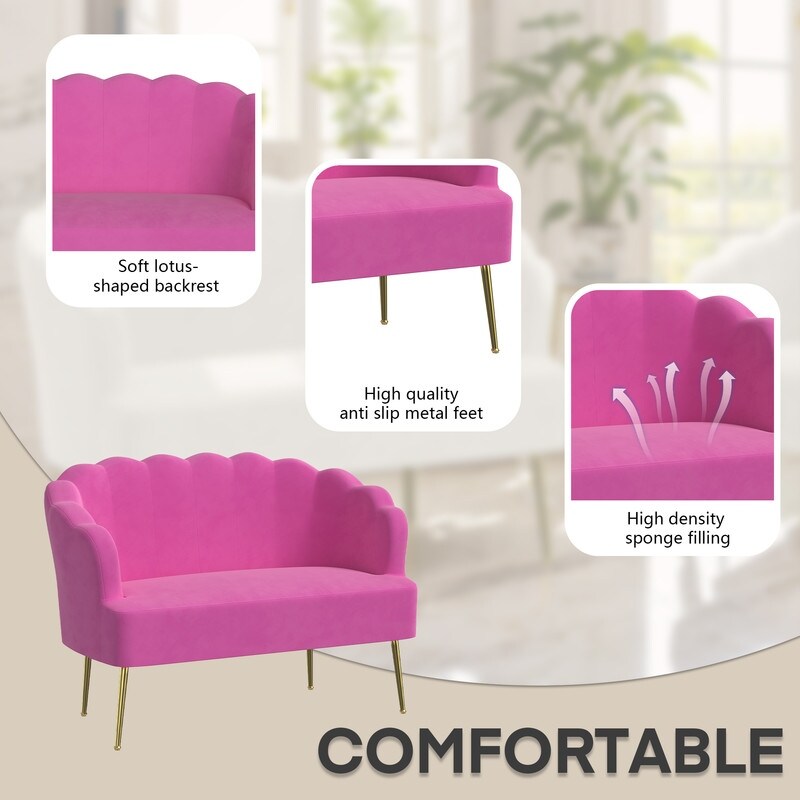 Causeuse en velours touffeté, coussin épais, pieds en métal, deux chaises d'appoint