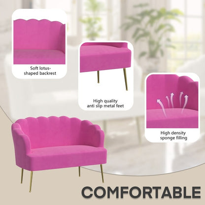 Causeuse en velours touffeté, coussin épais, pieds en métal, deux chaises d'appoint