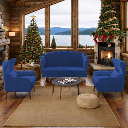 Causeuse en velours touffeté, coussin épais, pieds en métal, deux chaises d'appoint