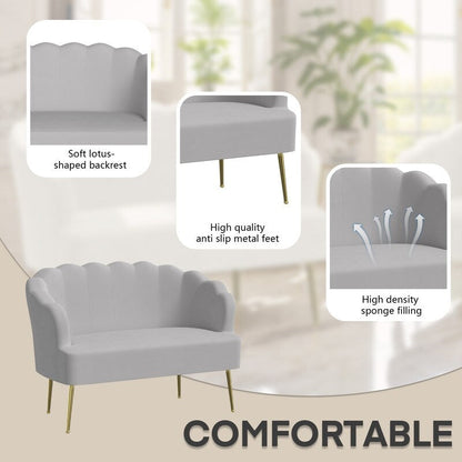 Causeuse en velours touffeté, coussin épais, pieds en métal, deux chaises d'appoint