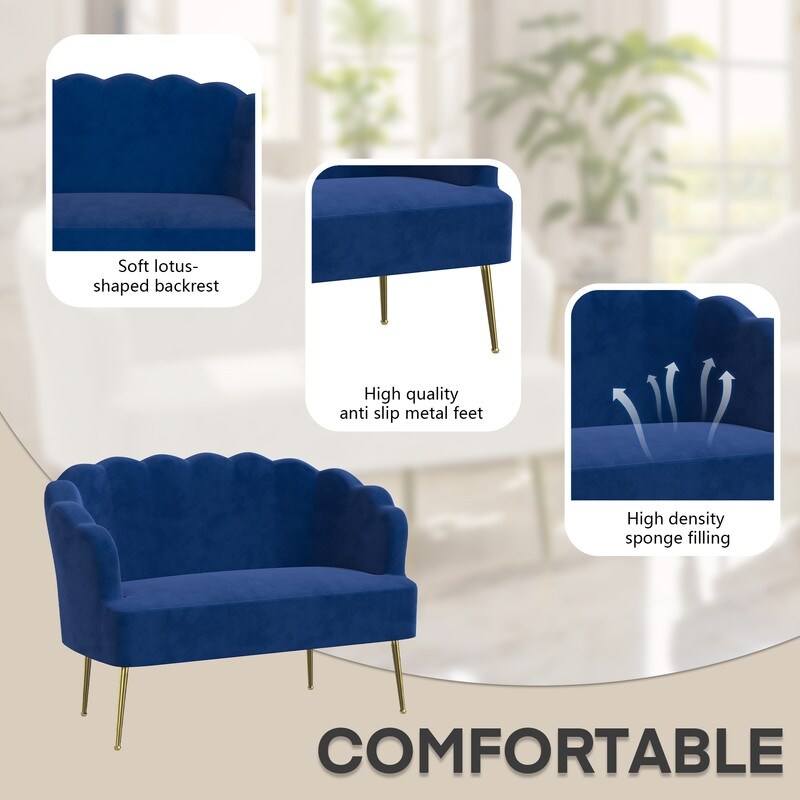 Causeuse en velours touffeté, coussin épais, pieds en métal, deux chaises d'appoint