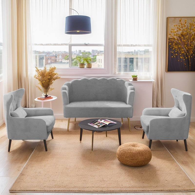 Causeuse en velours touffeté, coussin épais, pieds en métal, deux chaises d'appoint