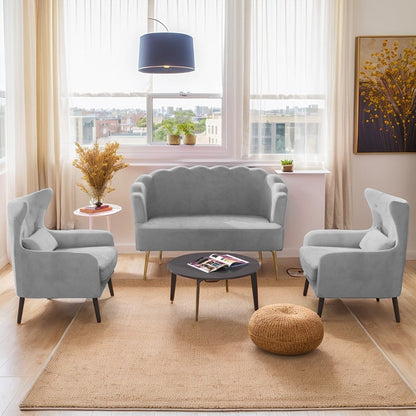 Causeuse en velours touffeté, coussin épais, pieds en métal, deux chaises d'appoint