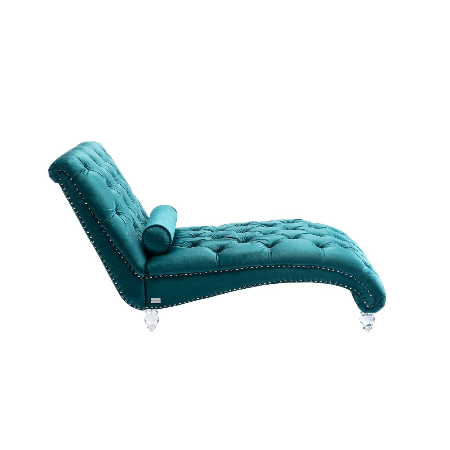 Chaise longue ergonomique en velours capitonné, inclinable en forme de S, avec coussin, garniture cloutée et pieds en acrylique pour une utilisation en intérieur