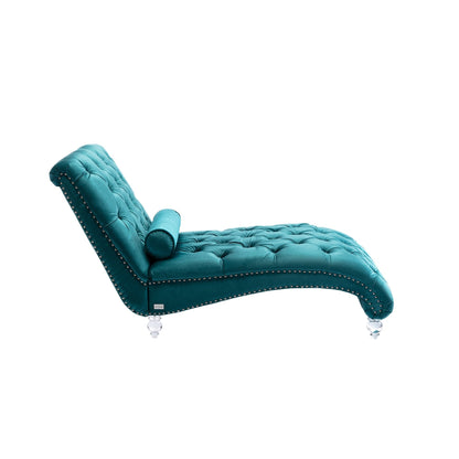 Chaise longue ergonomique en velours capitonné, inclinable en forme de S, avec coussin, garniture cloutée et pieds en acrylique pour une utilisation en intérieur