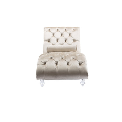 Chaise longue ergonomique en velours capitonné, inclinable en forme de S, avec coussin, garniture cloutée et pieds en acrylique pour une utilisation en intérieur