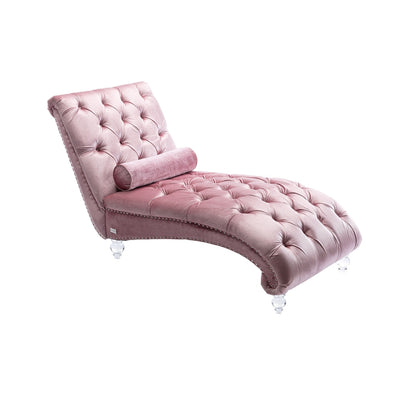 Chaise longue ergonomique en velours capitonné, inclinable en forme de S, avec coussin, garniture cloutée et pieds en acrylique pour une utilisation en intérieur