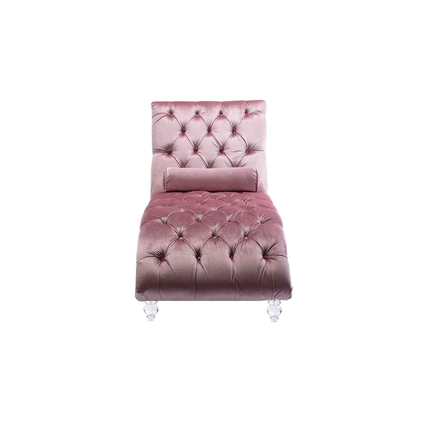 Chaise longue ergonomique en velours capitonné, inclinable en forme de S, avec coussin, garniture cloutée et pieds en acrylique pour une utilisation en intérieur