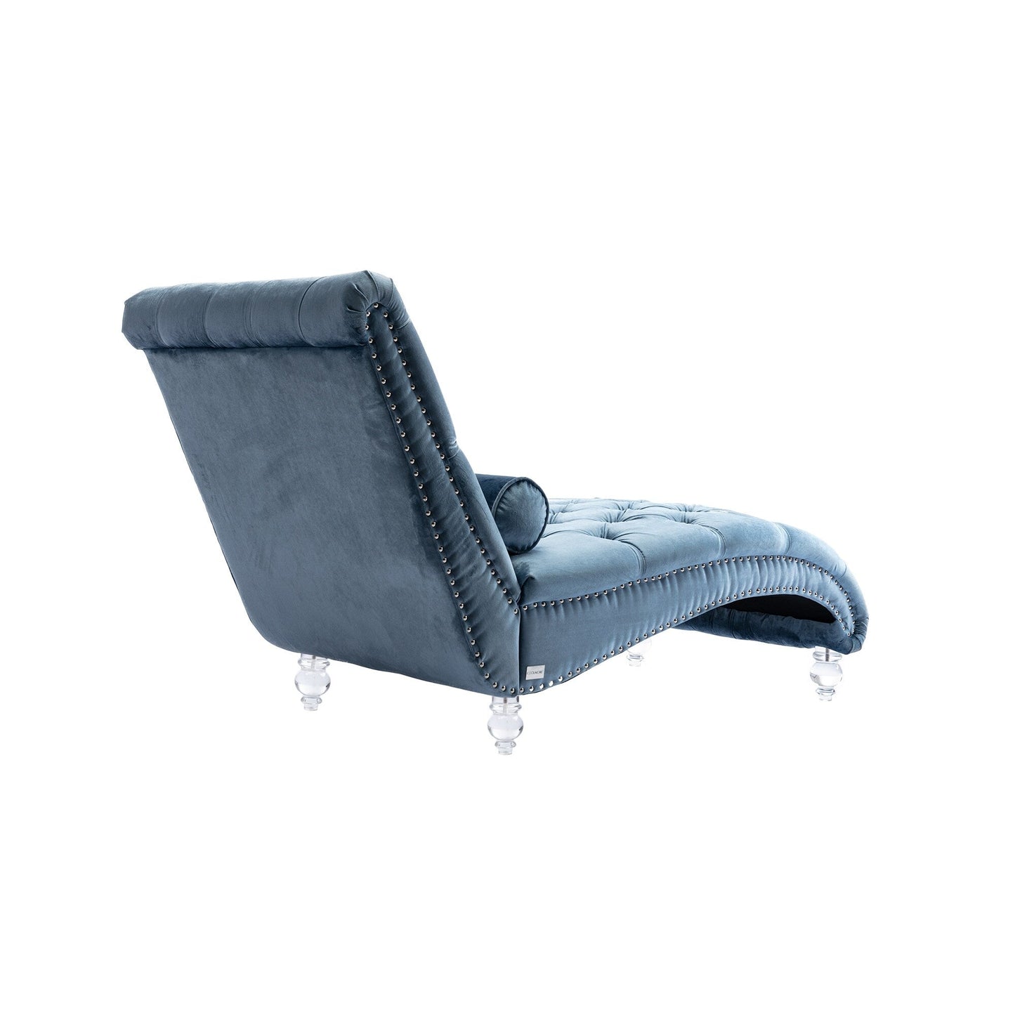 Chaise longue ergonomique en velours capitonné, inclinable en forme de S, avec coussin, garniture cloutée et pieds en acrylique pour une utilisation en intérieur
