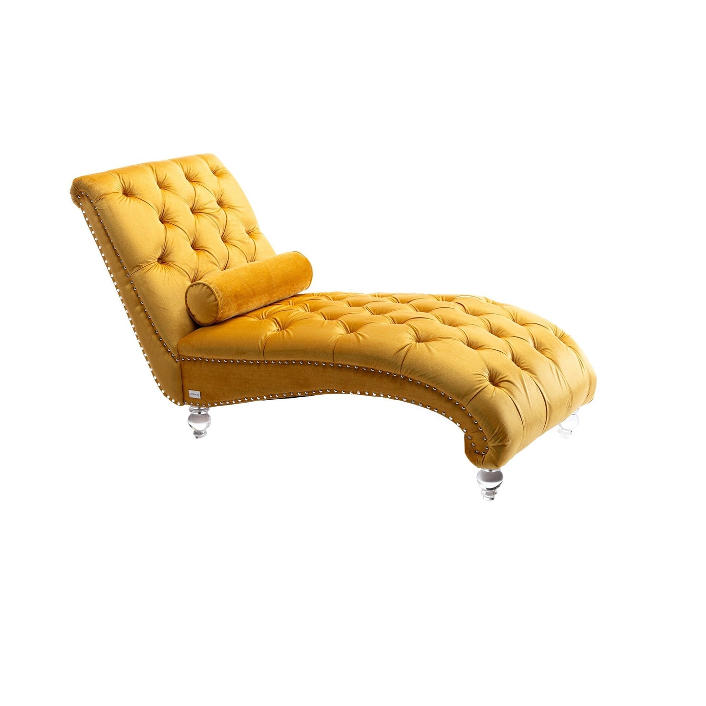 Chaise longue ergonomique en velours capitonné, inclinable en forme de S, avec coussin, garniture cloutée et pieds en acrylique pour une utilisation en intérieur