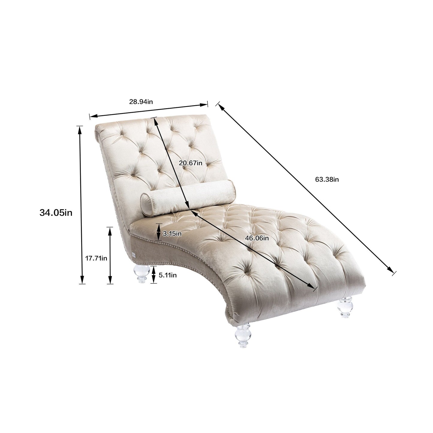 Chaise longue ergonomique en velours capitonné, inclinable en forme de S, avec coussin, garniture cloutée et pieds en acrylique pour une utilisation en intérieur