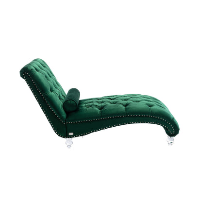 Chaise longue ergonomique en velours capitonné, inclinable en forme de S, avec coussin, garniture cloutée et pieds en acrylique pour une utilisation en intérieur