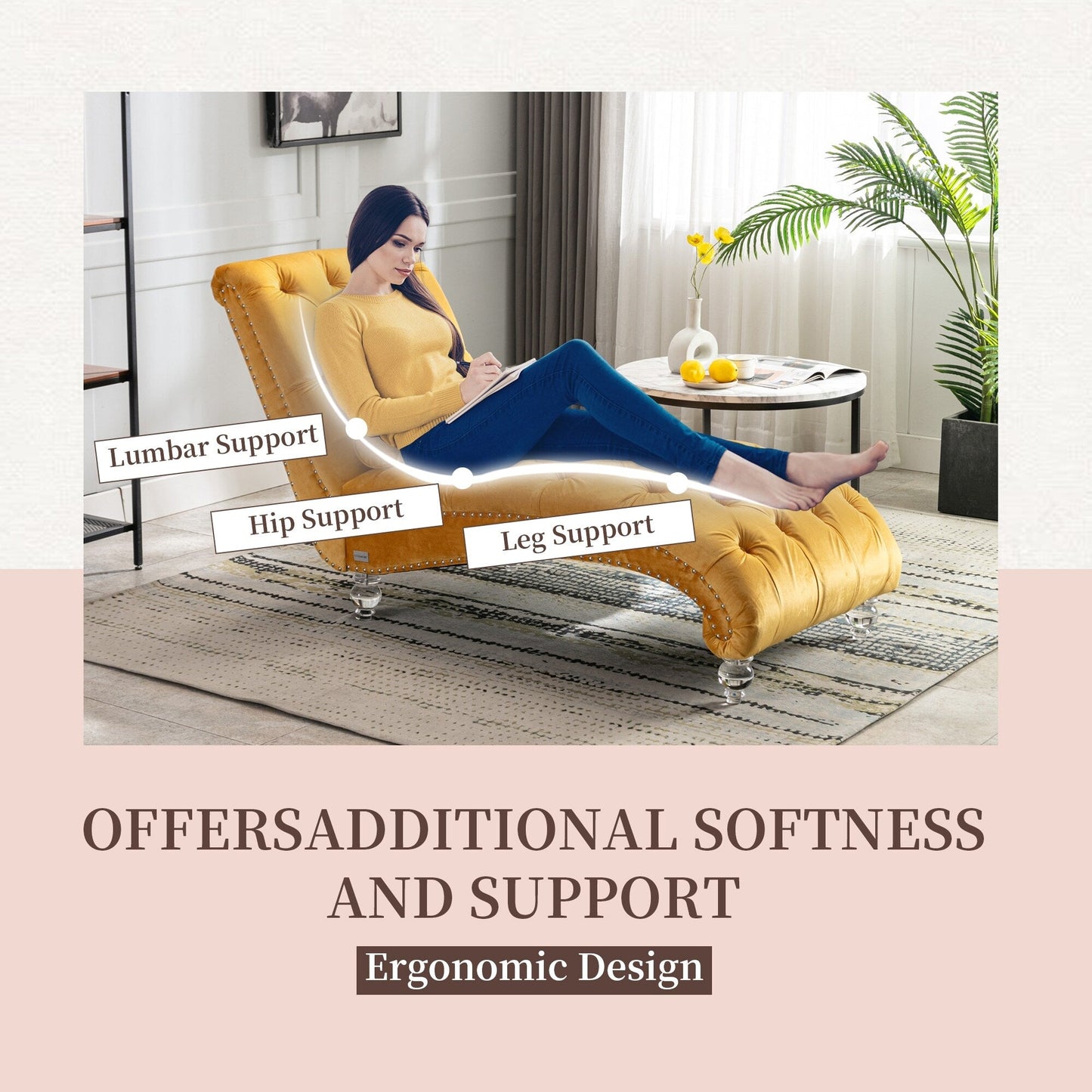 Chaise longue ergonomique en velours capitonné, inclinable en forme de S, avec coussin, garniture cloutée et pieds en acrylique pour une utilisation en intérieur