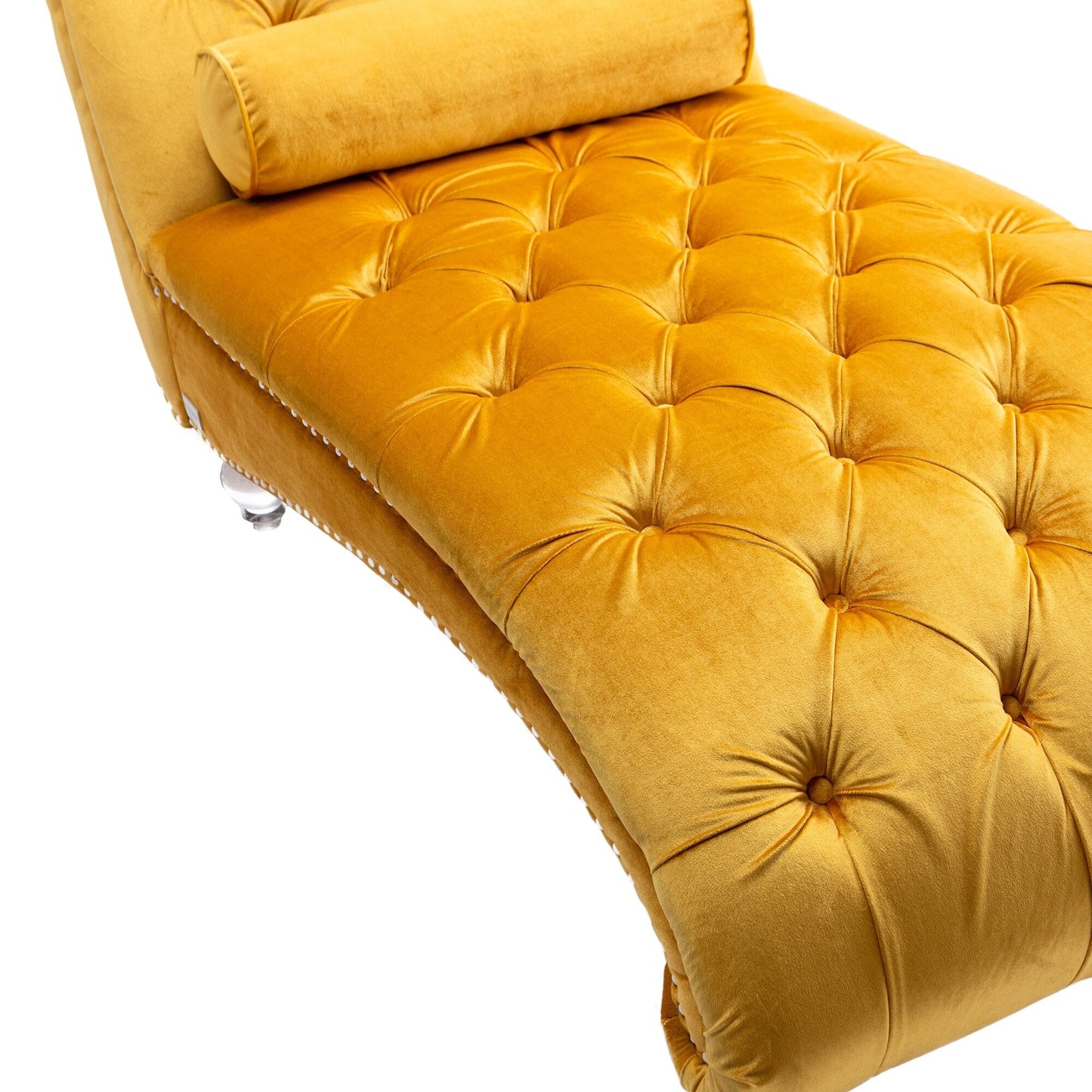 Chaise longue ergonomique en velours capitonné, inclinable en forme de S, avec coussin, garniture cloutée et pieds en acrylique pour une utilisation en intérieur