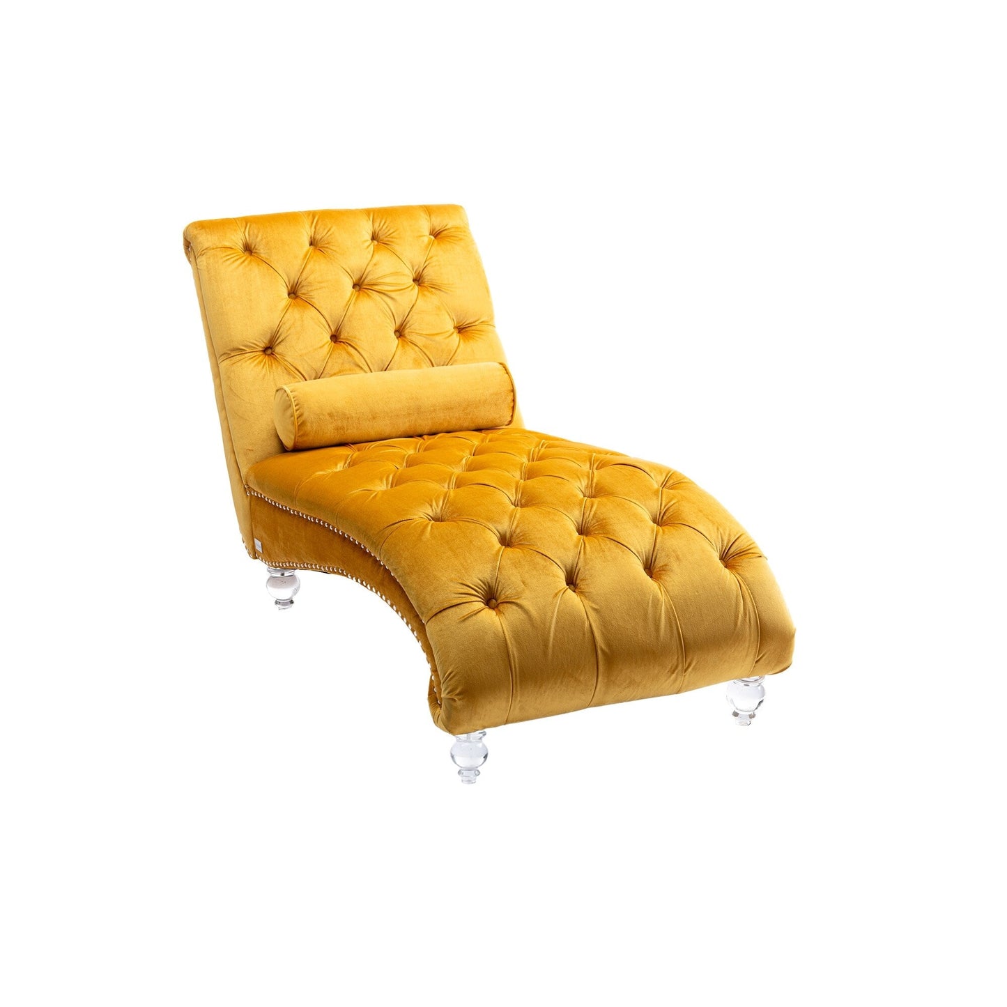 Chaise longue ergonomique en velours capitonné, inclinable en forme de S, avec coussin, garniture cloutée et pieds en acrylique pour une utilisation en intérieur