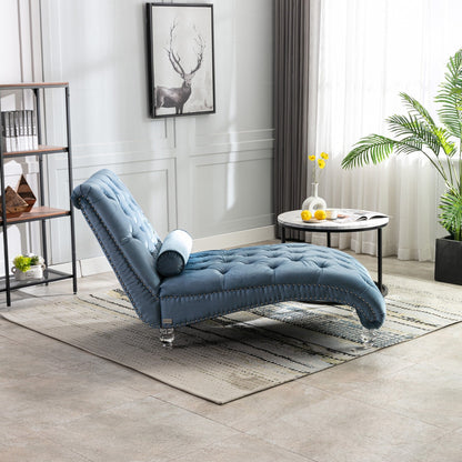 Chaise longue ergonomique en velours capitonné, inclinable en forme de S, avec coussin, garniture cloutée et pieds en acrylique pour une utilisation en intérieur