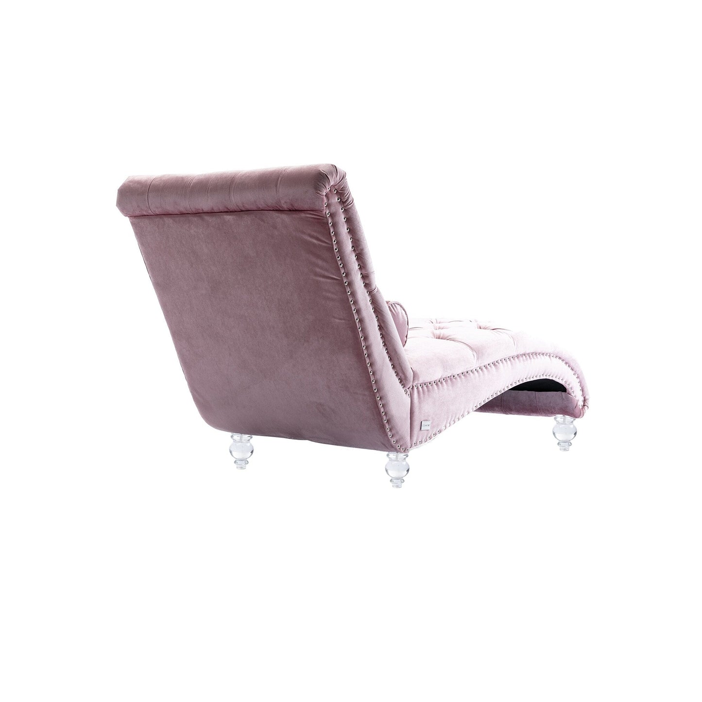 Chaise longue ergonomique en velours capitonné, inclinable en forme de S, avec coussin, garniture cloutée et pieds en acrylique pour une utilisation en intérieur