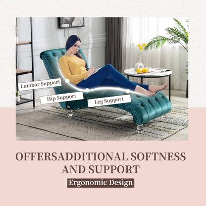 Chaise longue ergonomique en velours capitonné, inclinable en forme de S, avec coussin, garniture cloutée et pieds en acrylique pour une utilisation en intérieur