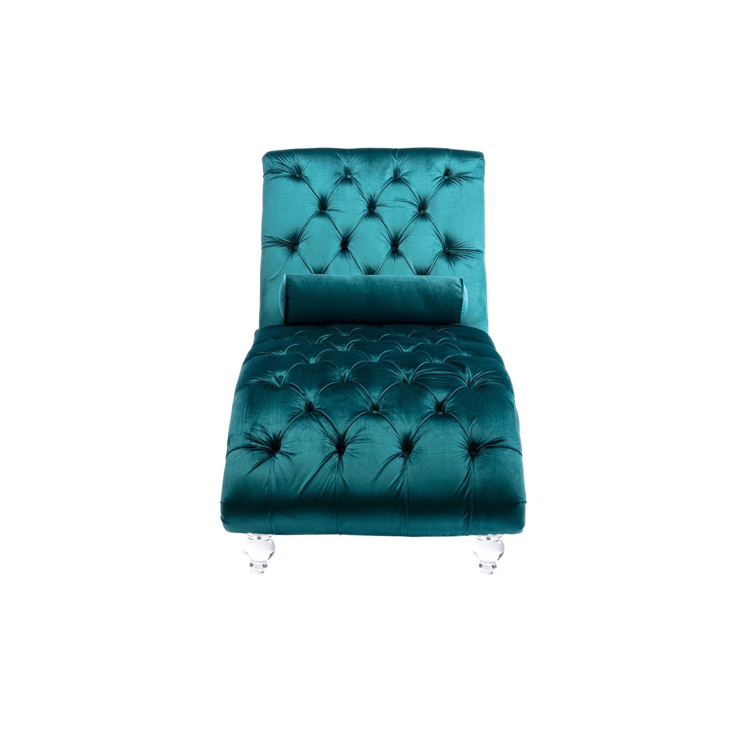 Chaise longue ergonomique en velours capitonné, inclinable en forme de S, avec coussin, garniture cloutée et pieds en acrylique pour une utilisation en intérieur