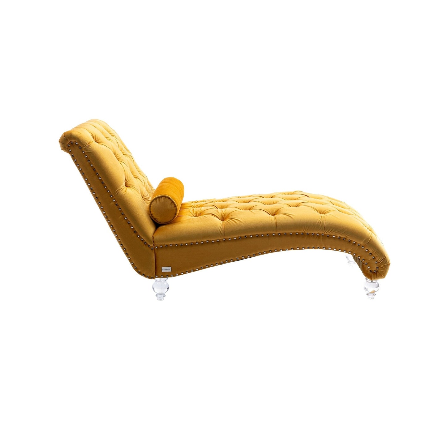 Chaise longue ergonomique en velours capitonné, inclinable en forme de S, avec coussin, garniture cloutée et pieds en acrylique pour une utilisation en intérieur