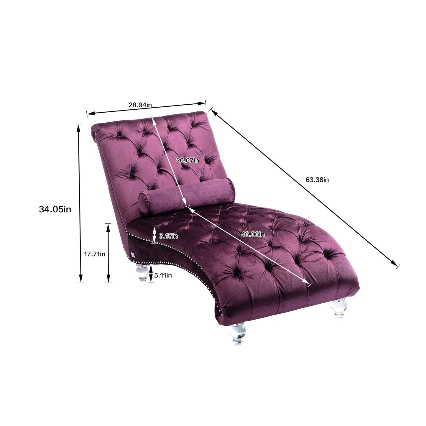 Chaise longue ergonomique en velours capitonné, inclinable en forme de S, avec coussin, garniture cloutée et pieds en acrylique pour une utilisation en intérieur