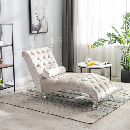 Chaise longue ergonomique en velours capitonné, inclinable en forme de S, avec coussin, garniture cloutée et pieds en acrylique pour une utilisation en intérieur