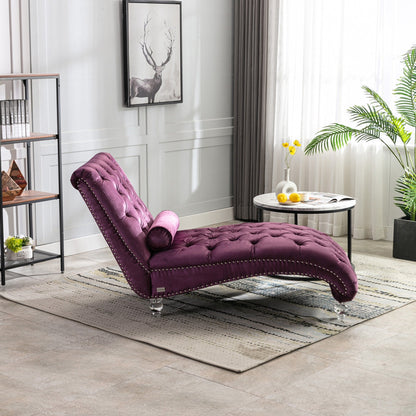 Chaise longue ergonomique en velours capitonné, inclinable en forme de S, avec coussin, garniture cloutée et pieds en acrylique pour une utilisation en intérieur