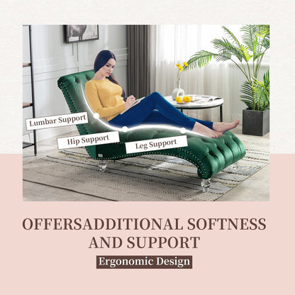 Chaise longue ergonomique en velours capitonné, inclinable en forme de S, avec coussin, garniture cloutée et pieds en acrylique pour une utilisation en intérieur