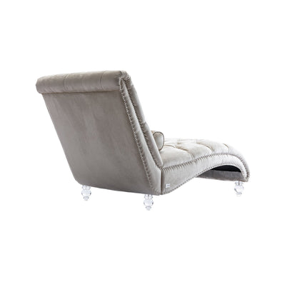 Chaise longue ergonomique en velours capitonné, inclinable en forme de S, avec coussin, garniture cloutée et pieds en acrylique pour une utilisation en intérieur