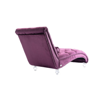 Chaise longue ergonomique en velours capitonné, inclinable en forme de S, avec coussin, garniture cloutée et pieds en acrylique pour une utilisation en intérieur