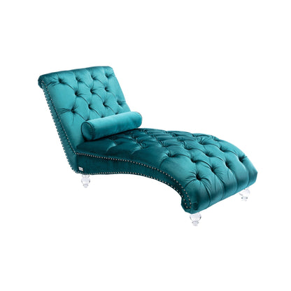 Chaise longue ergonomique en velours capitonné, inclinable en forme de S, avec coussin, garniture cloutée et pieds en acrylique pour une utilisation en intérieur