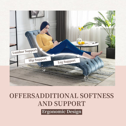 Chaise longue ergonomique en velours capitonné, inclinable en forme de S, avec coussin, garniture cloutée et pieds en acrylique pour une utilisation en intérieur