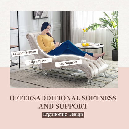 Chaise longue ergonomique en velours capitonné, inclinable en forme de S, avec coussin, garniture cloutée et pieds en acrylique pour une utilisation en intérieur