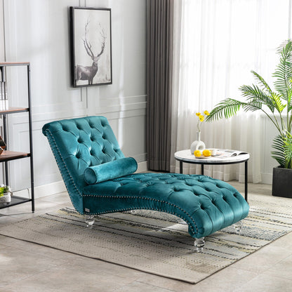 Chaise longue ergonomique en velours capitonné, inclinable en forme de S, avec coussin, garniture cloutée et pieds en acrylique pour une utilisation en intérieur