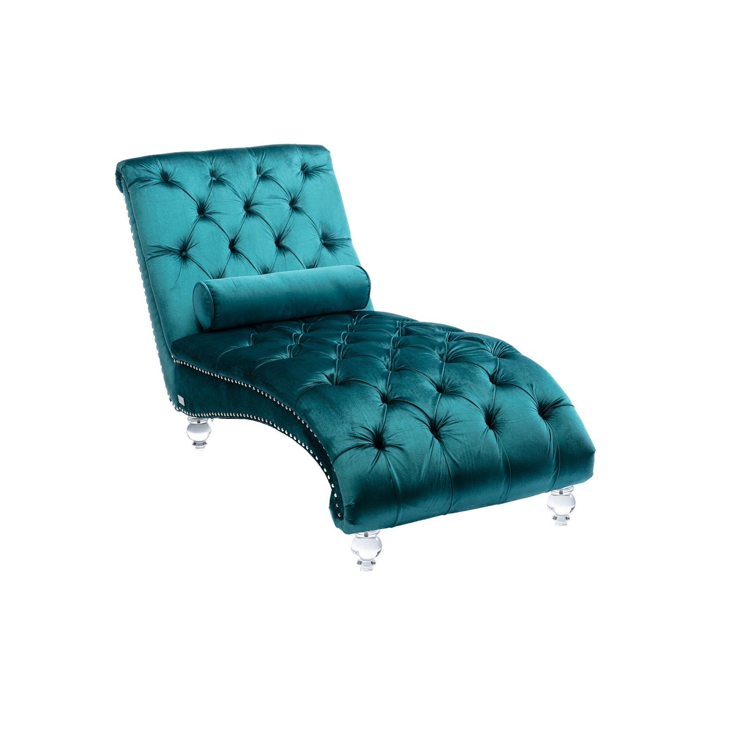 Chaise longue ergonomique en velours capitonné, inclinable en forme de S, avec coussin, garniture cloutée et pieds en acrylique pour une utilisation en intérieur