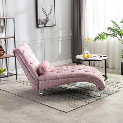 Chaise longue ergonomique en velours capitonné, inclinable en forme de S, avec coussin, garniture cloutée et pieds en acrylique pour une utilisation en intérieur