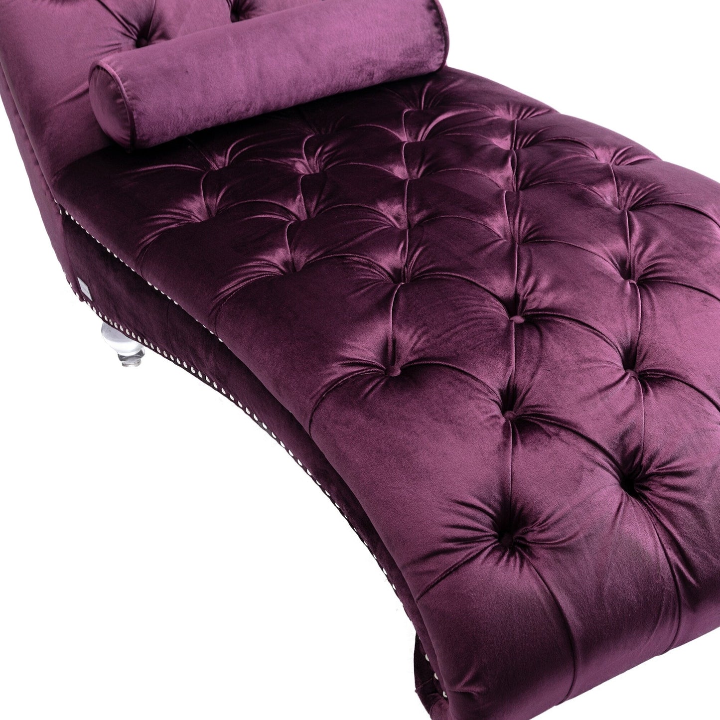 Chaise longue ergonomique en velours capitonné, inclinable en forme de S, avec coussin, garniture cloutée et pieds en acrylique pour une utilisation en intérieur