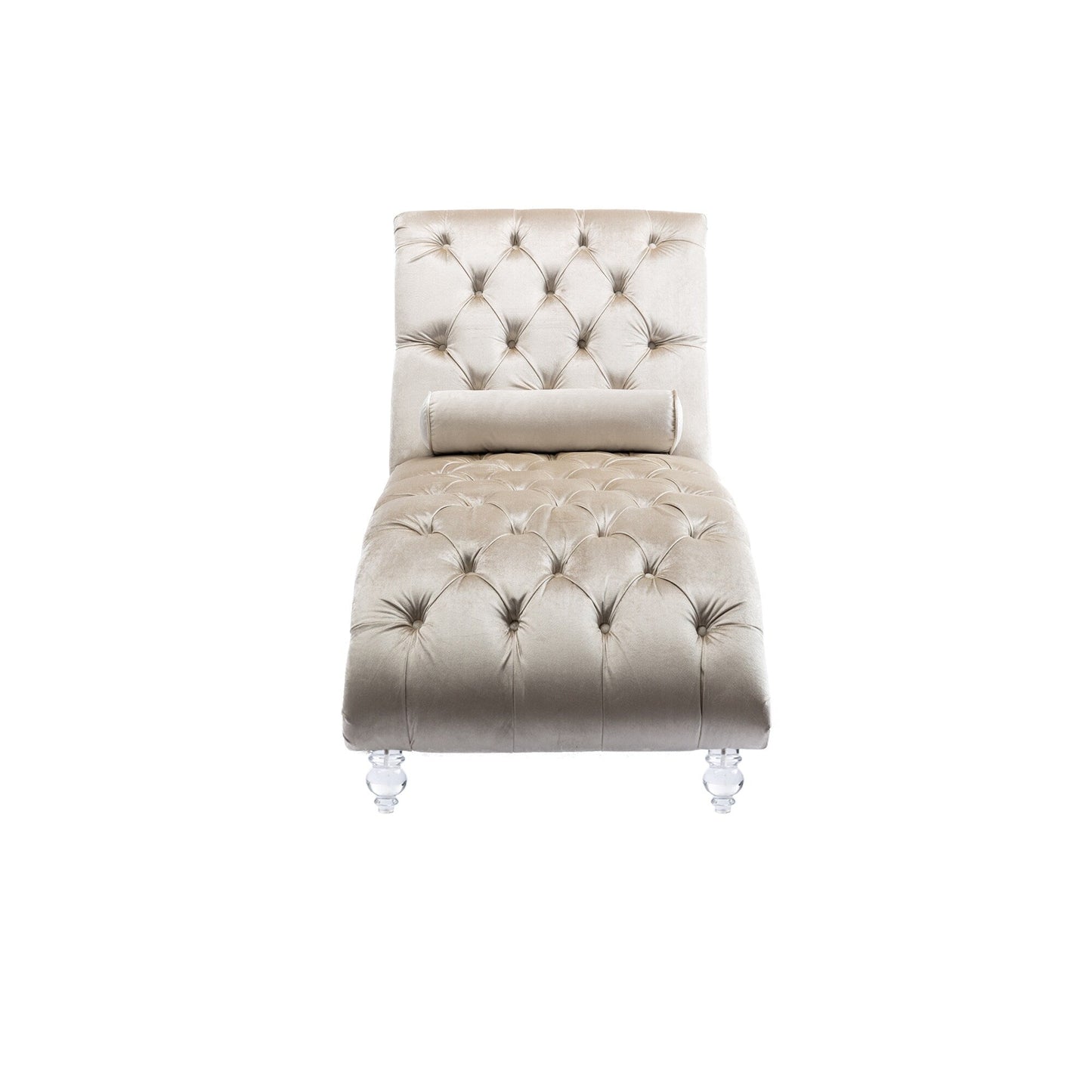 Chaise longue ergonomique en velours capitonné, inclinable en forme de S, avec coussin, garniture cloutée et pieds en acrylique pour une utilisation en intérieur